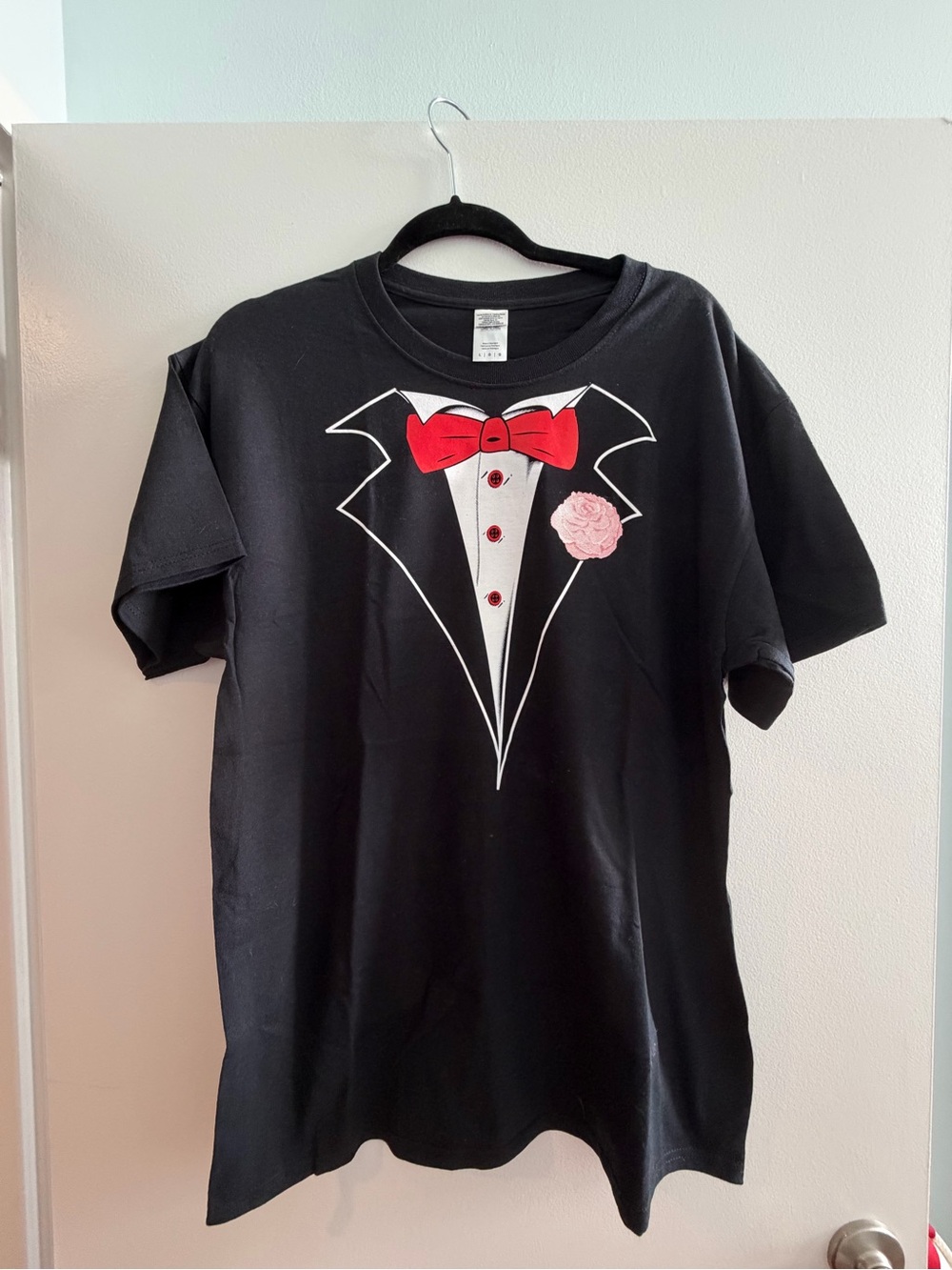 NWOT Novelty Tuxedo Graphic Tee with Red Bow Tie